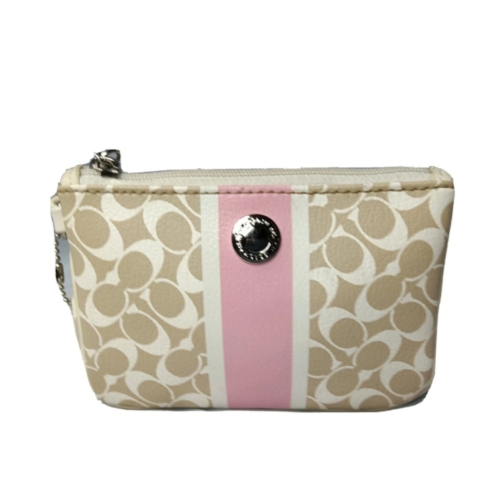 Coach Corner Zip Wristlet Signature Canvas Leather Trim Clutch Purse - Picture 3 of 8